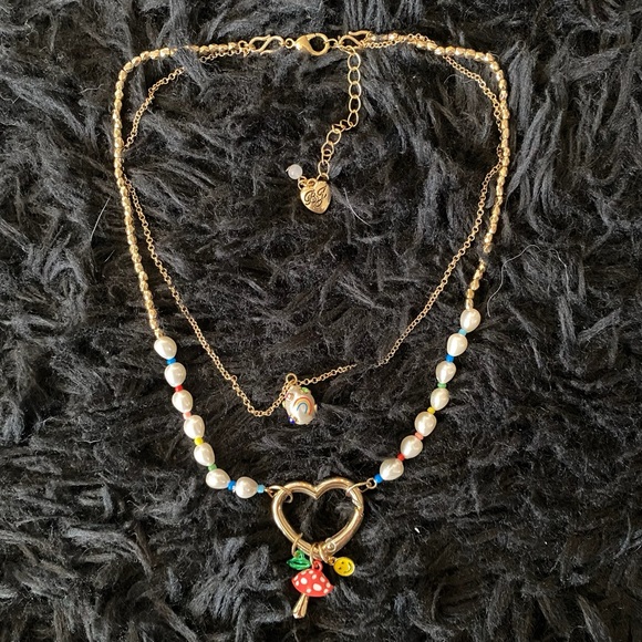 Betsey Johnson One Love Heart Charm Mushroom Smile Lips Necklace Rainbow - NWT - Picture 3 of 15